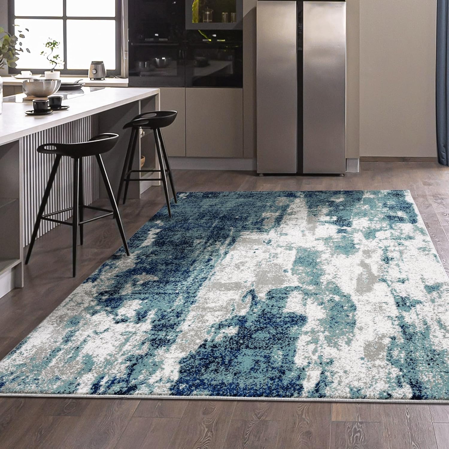 Modern Abstract Art Light Blue 4x5 Area Rug for Stylish Homes