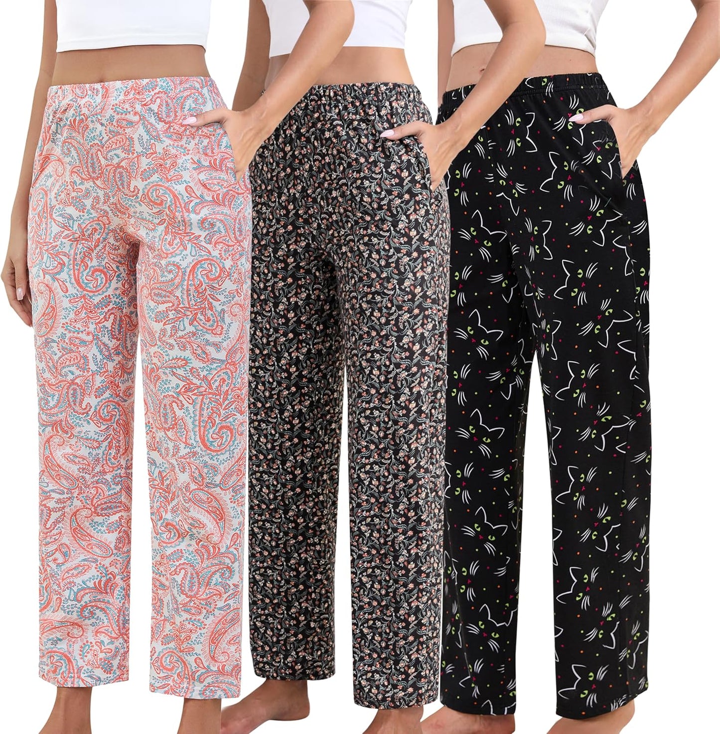 Pajama Pants Women 3 Pack Soft Cotton Lounge Pants with Pockets