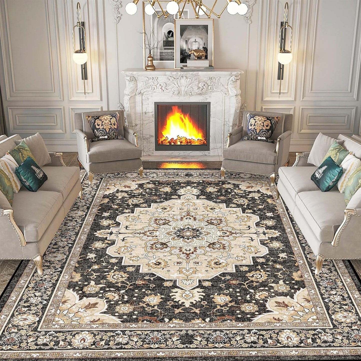 Washable 9x12 Large Area Rug: Vintage Non-Slip Backing Design