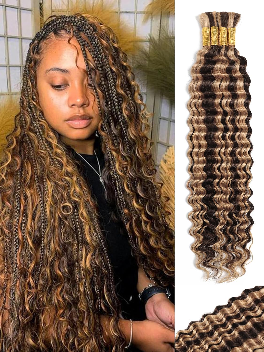 Ombre Human Braiding Hair Deep Wave Bulk for Boho Braiding