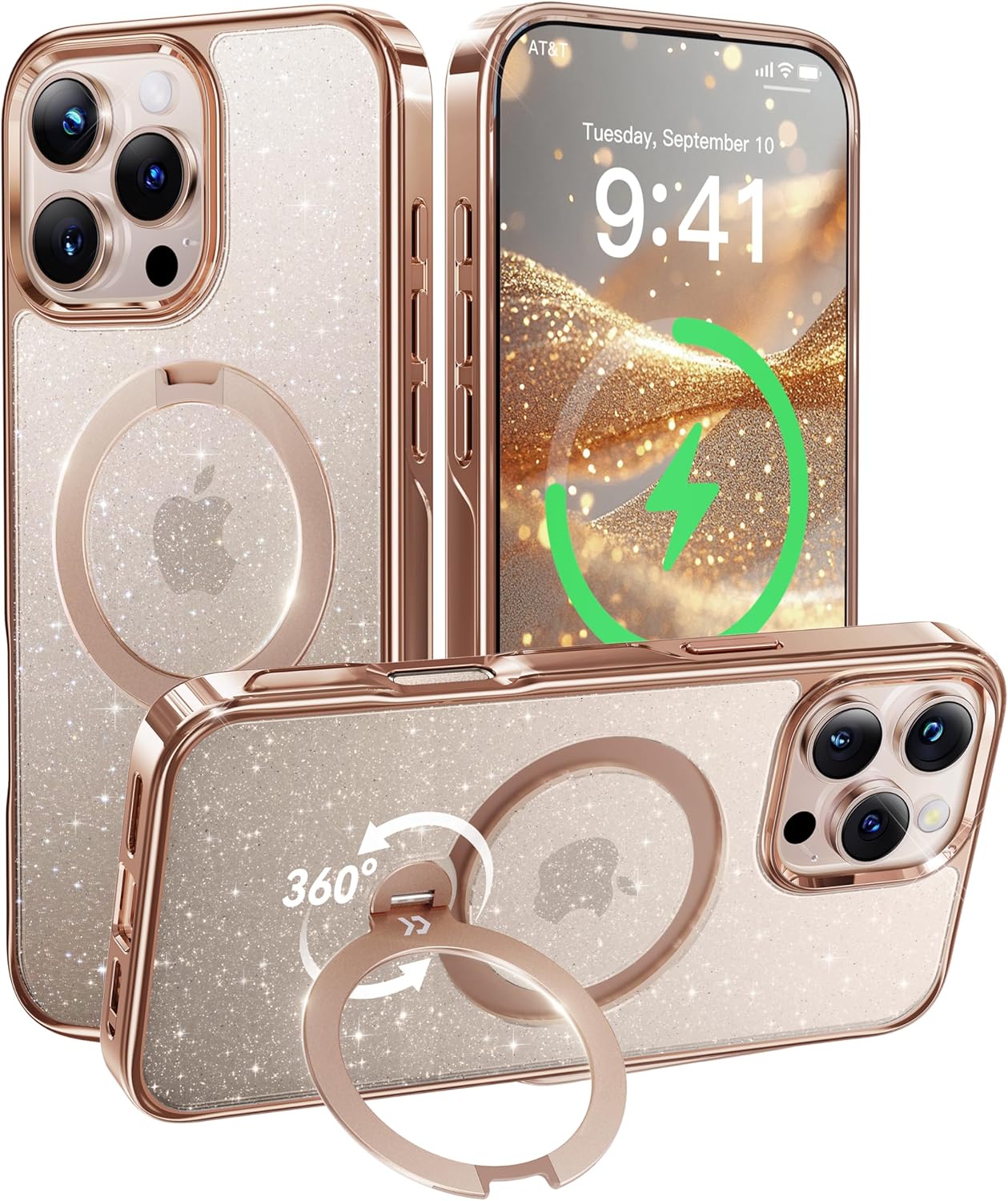 CASEKOO Gold Sparkle 360 Spin Magnetic Stand for iPhone 16 Pro