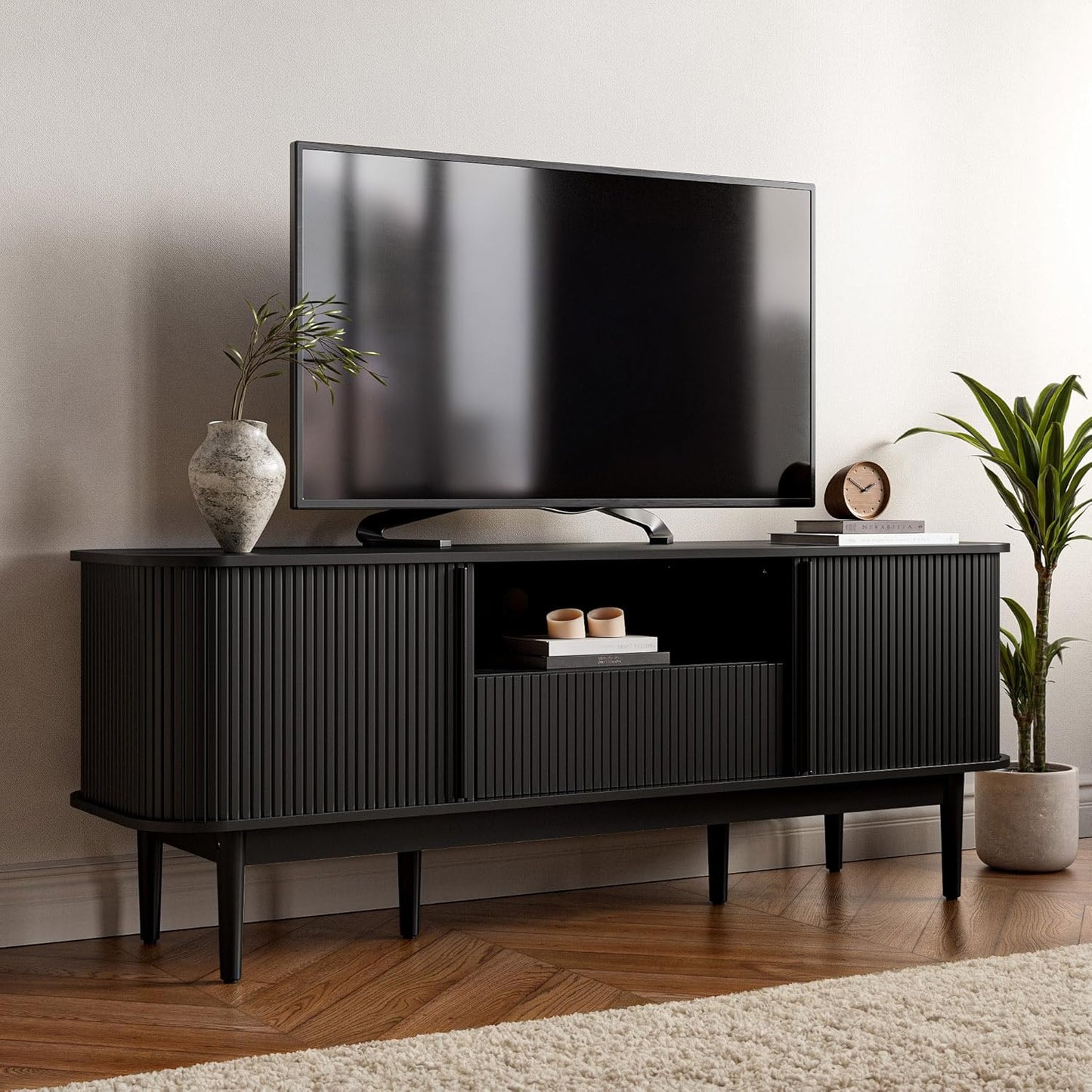 Modern 63 TV Stand with Sliding Doors & Storage, Black