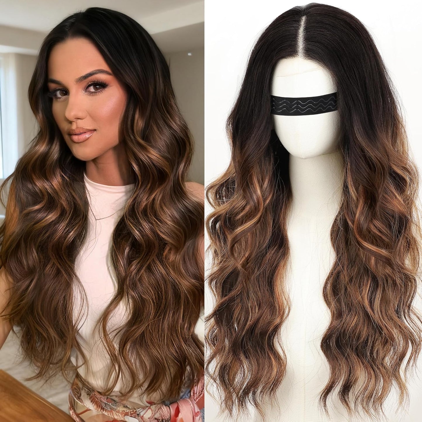 Nnzes Long Brown Highlight Wavy Wig for Daily Party Use 26In