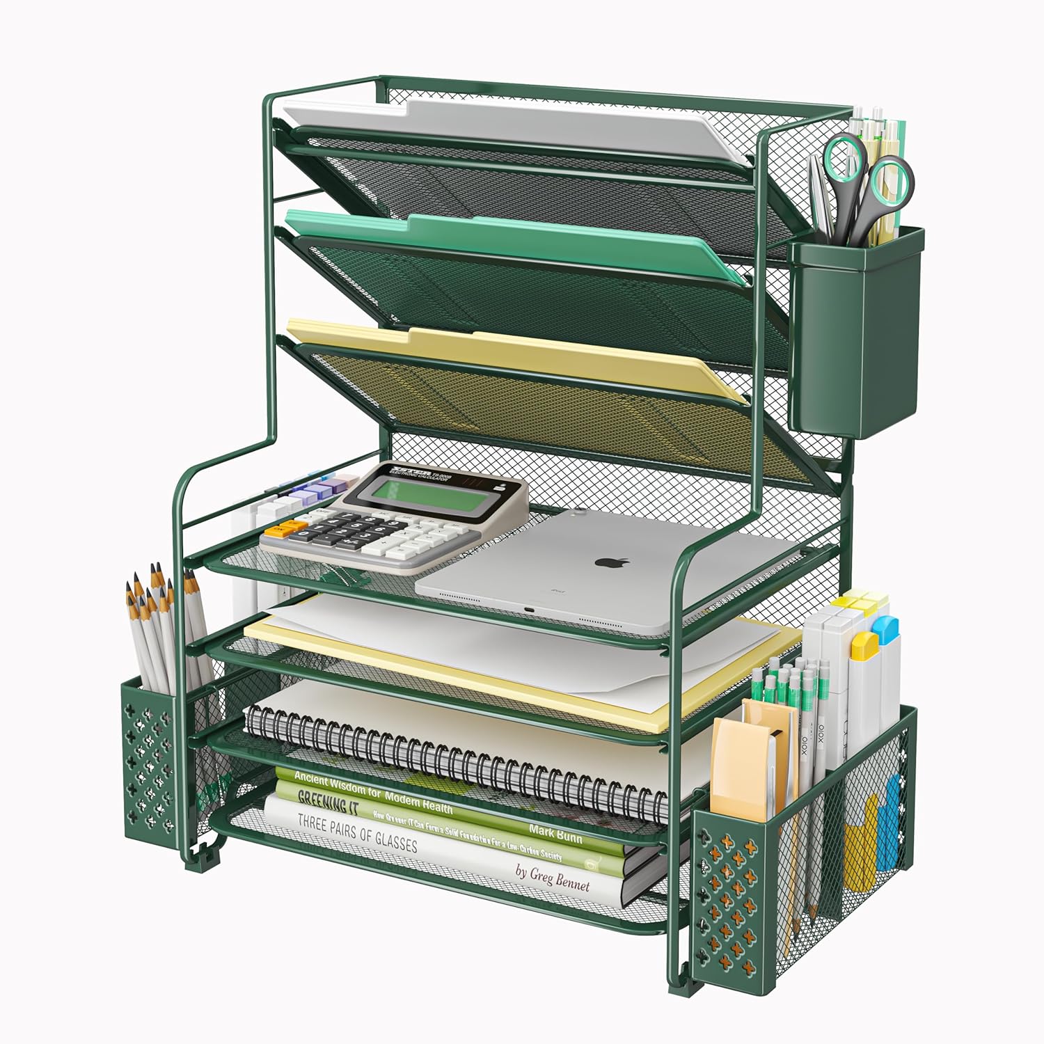 7 Tier Desk File Organizer with Pen Holder and Metal Basket