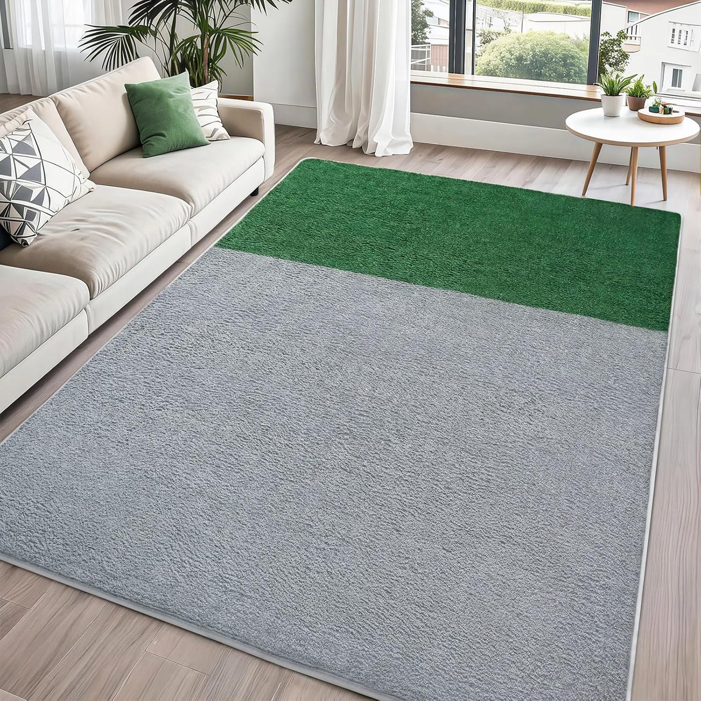5x7 ft Light Grey Dark Green Area Rug for Modern Home Decor