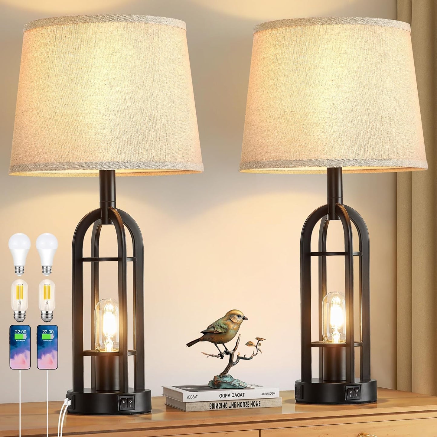 Black Table Lamps for Living Room with USB Ports and Style