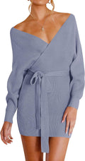 Women's Fall Batwing Sleeve Wrap V Neck Sweater Dress - With Belt