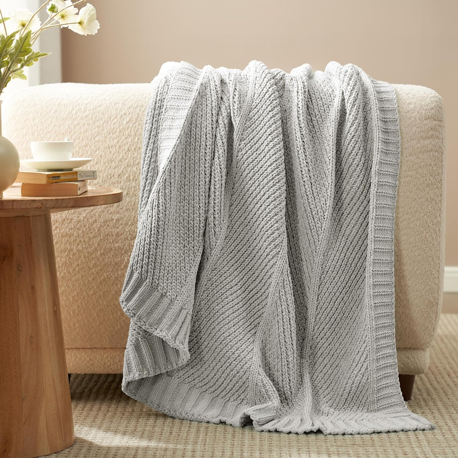 Chevron Chenille Knit Throw Blanket for Couch, Cozy Texture