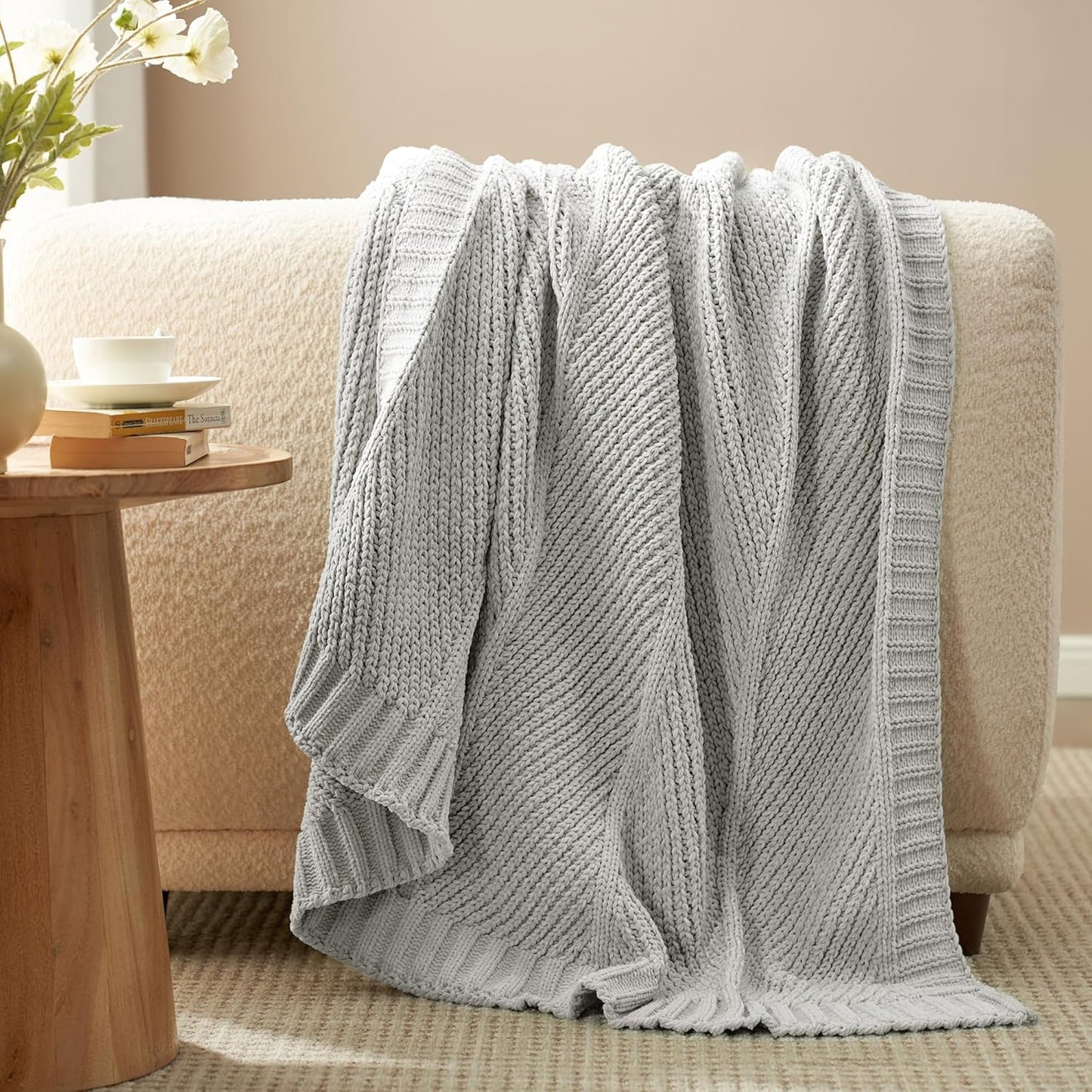 Chevron Chenille Knit Throw Blanket for Couch, Light Grey