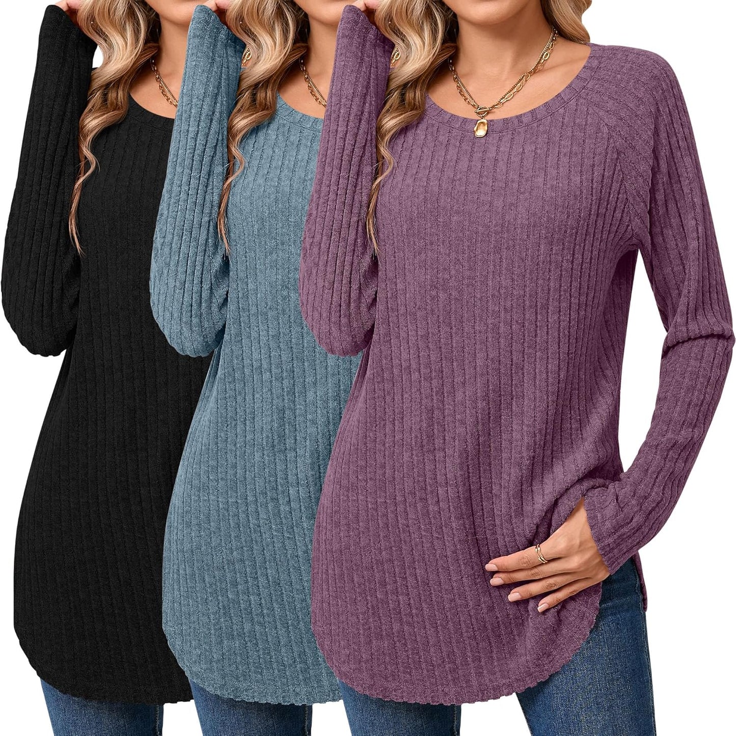 Ficerd Women's Curved Hem Long Sleeve Sweaters - 3 Pack Tunics