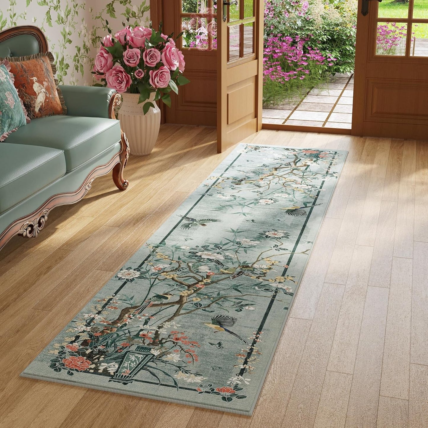 Chinoiserie-Style Floral Runner Rug for Vintage Kitchen Decor