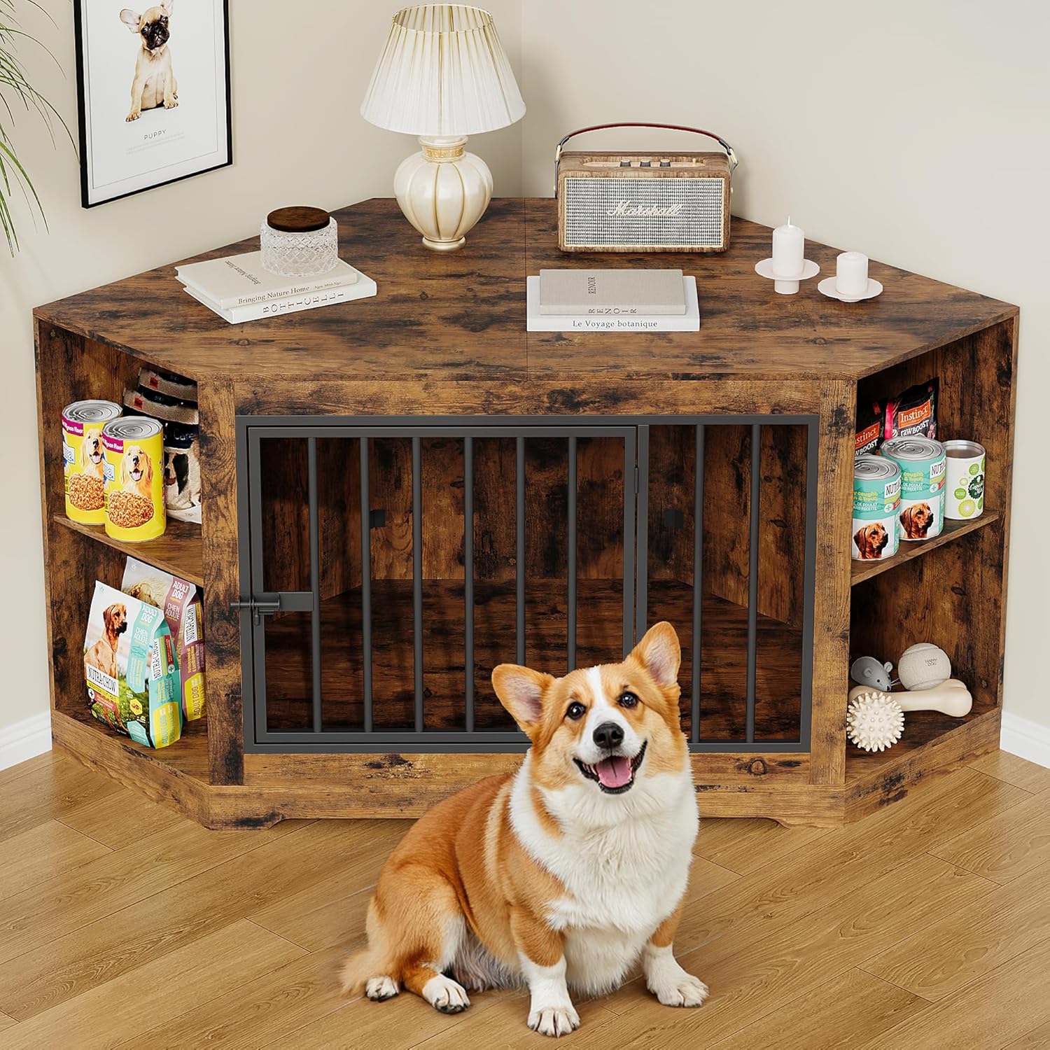 Corner Dog Crate Furniture with Storage Shelves for Small Dogs