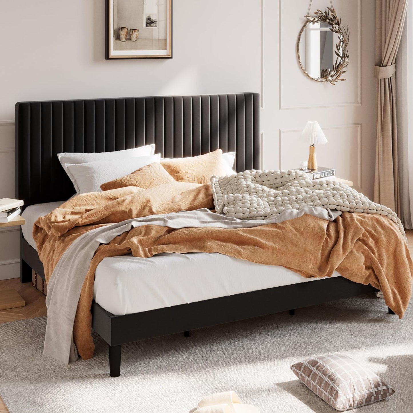 King Upholstered Platform Bed Frame with Adjustable Headboard 51ft