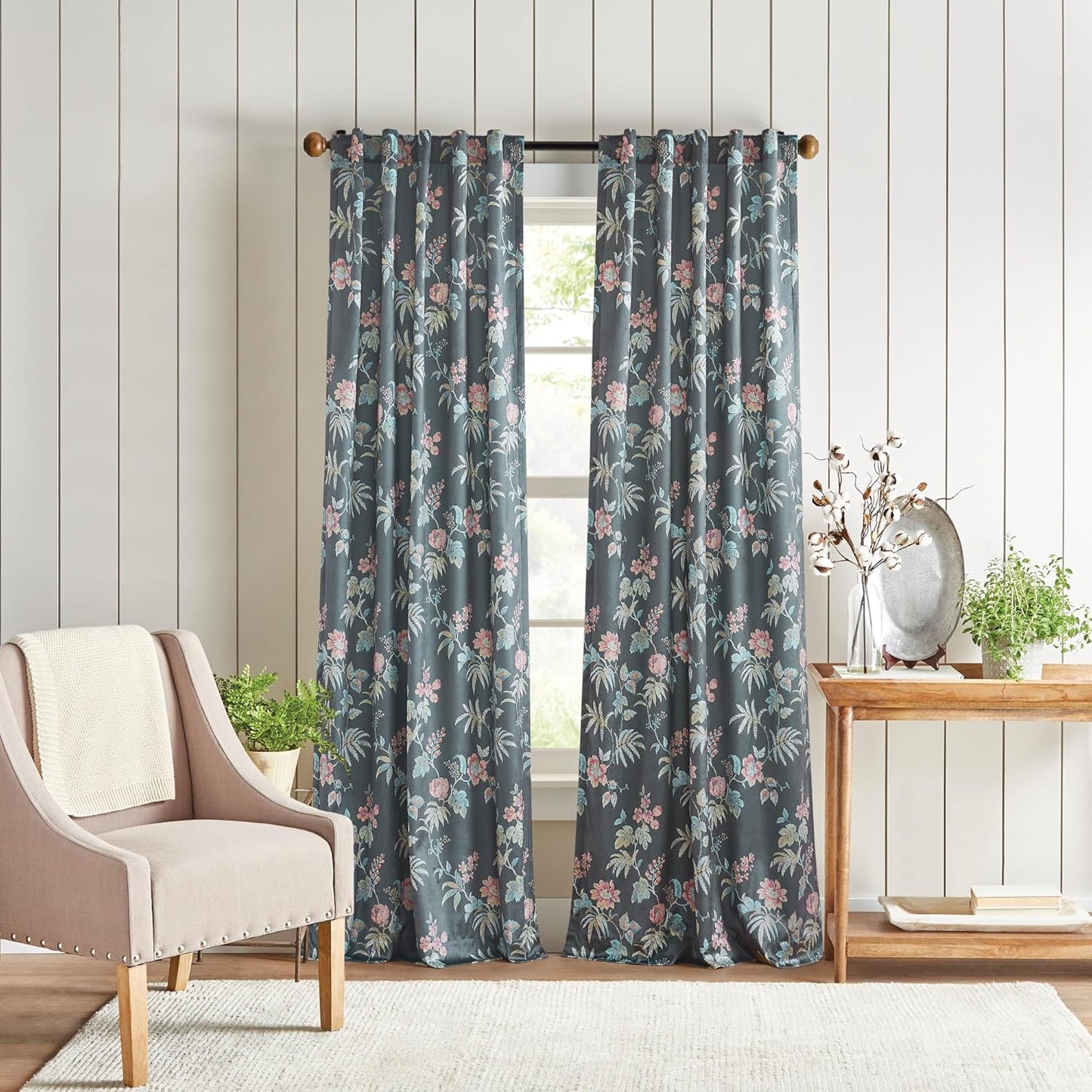 Room Darkening Botanical Floral Curtains by Martha Stewart - Norah 84, Charcoal