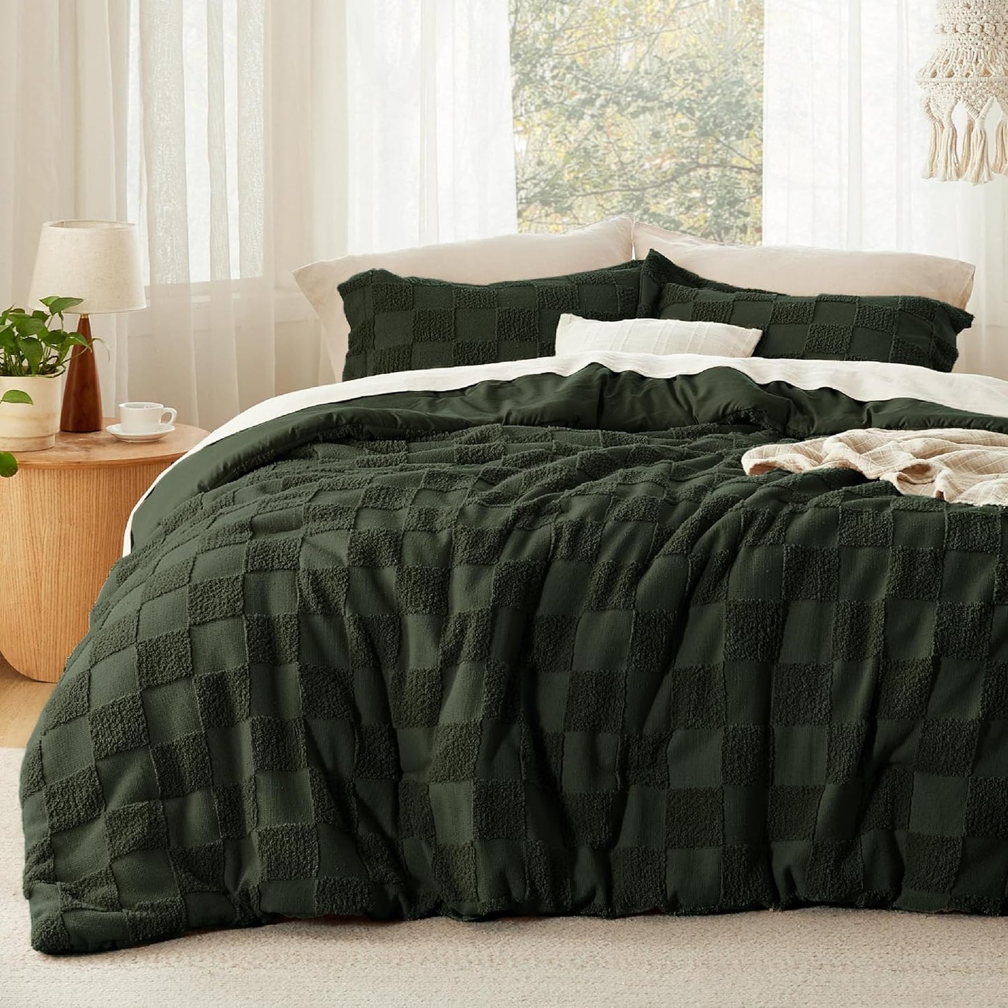 Boho Tufted Dark Olive Green Comforter Set for Full Size Beds