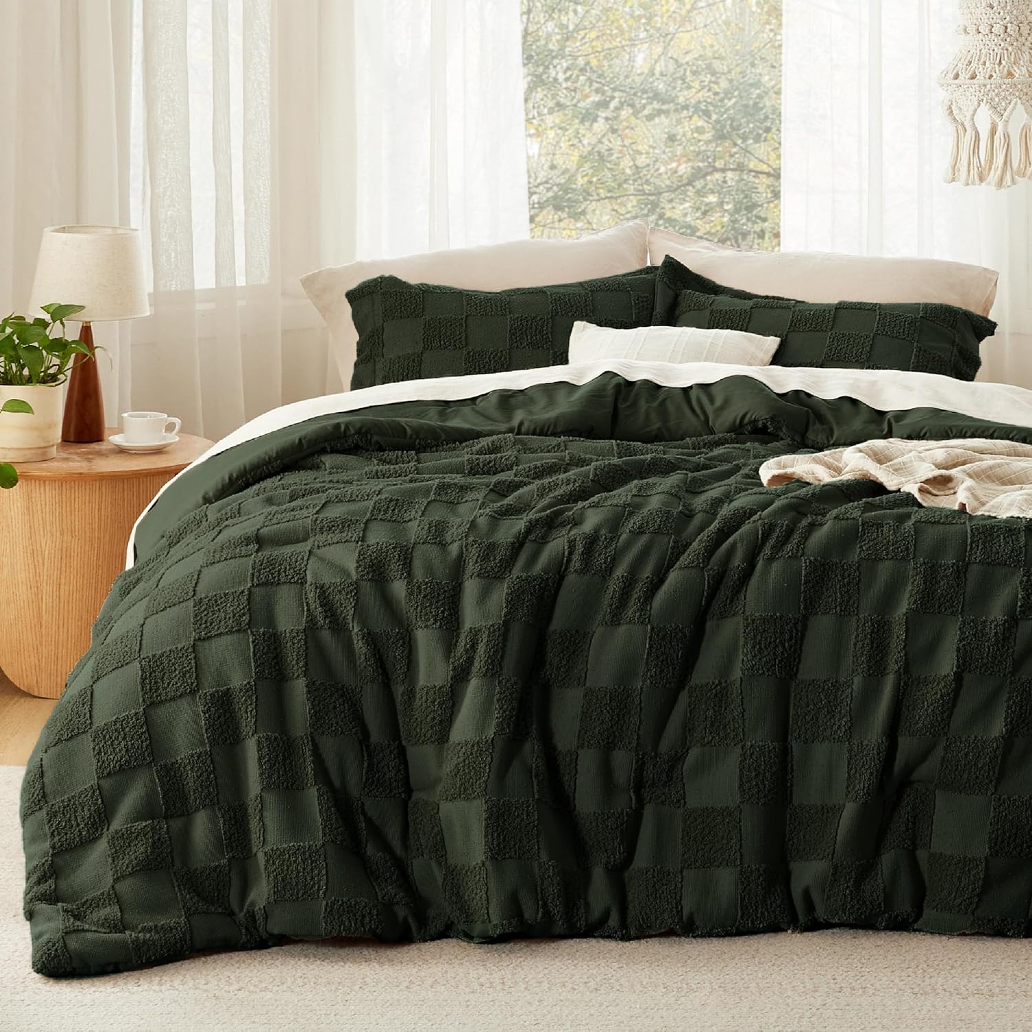 Boho Tufted Dark Olive Green Comforter Set for Full Size Beds