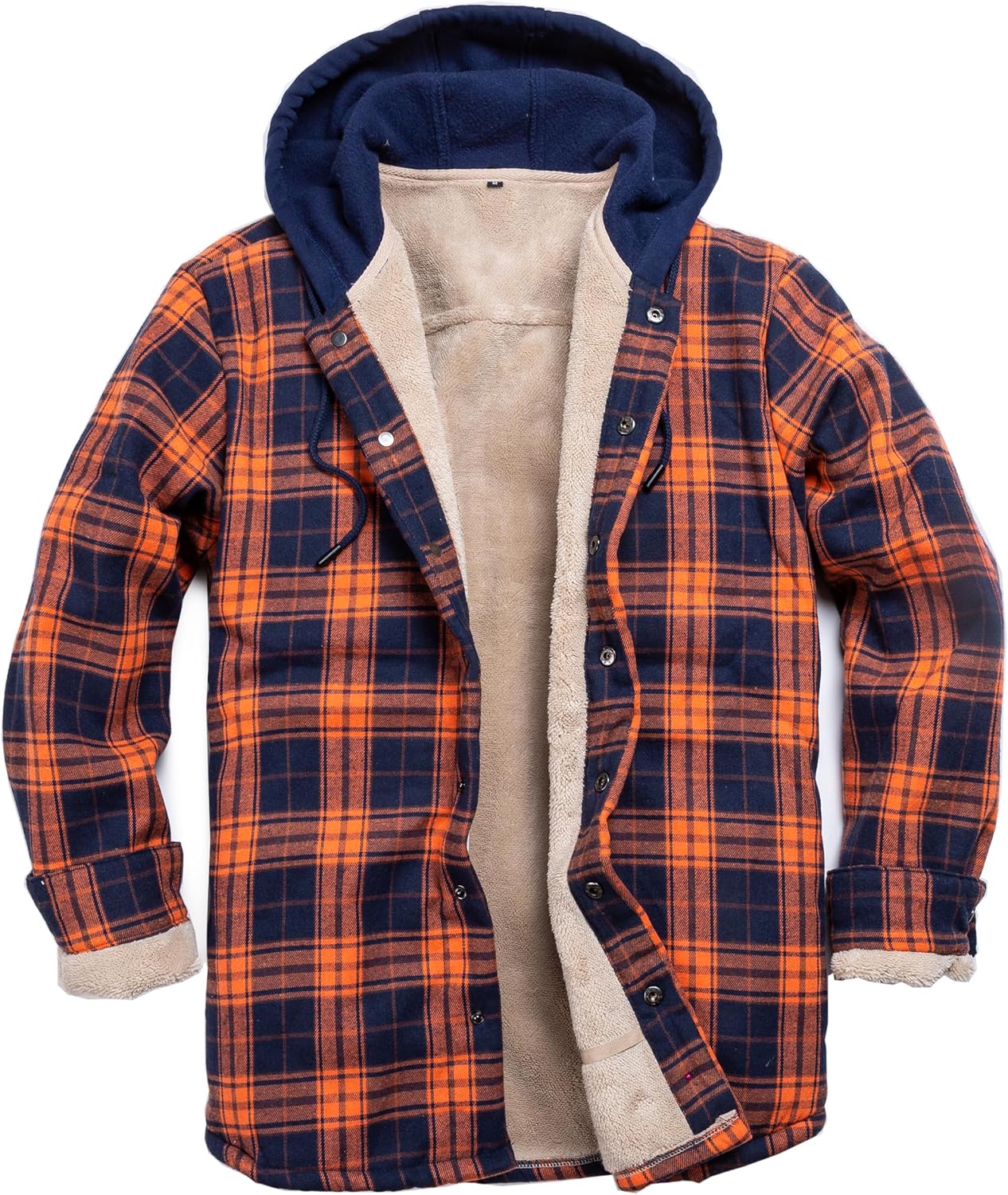 Men's Cotton Plaid Long Sleeve Shirt Jacket with Hood for Winter