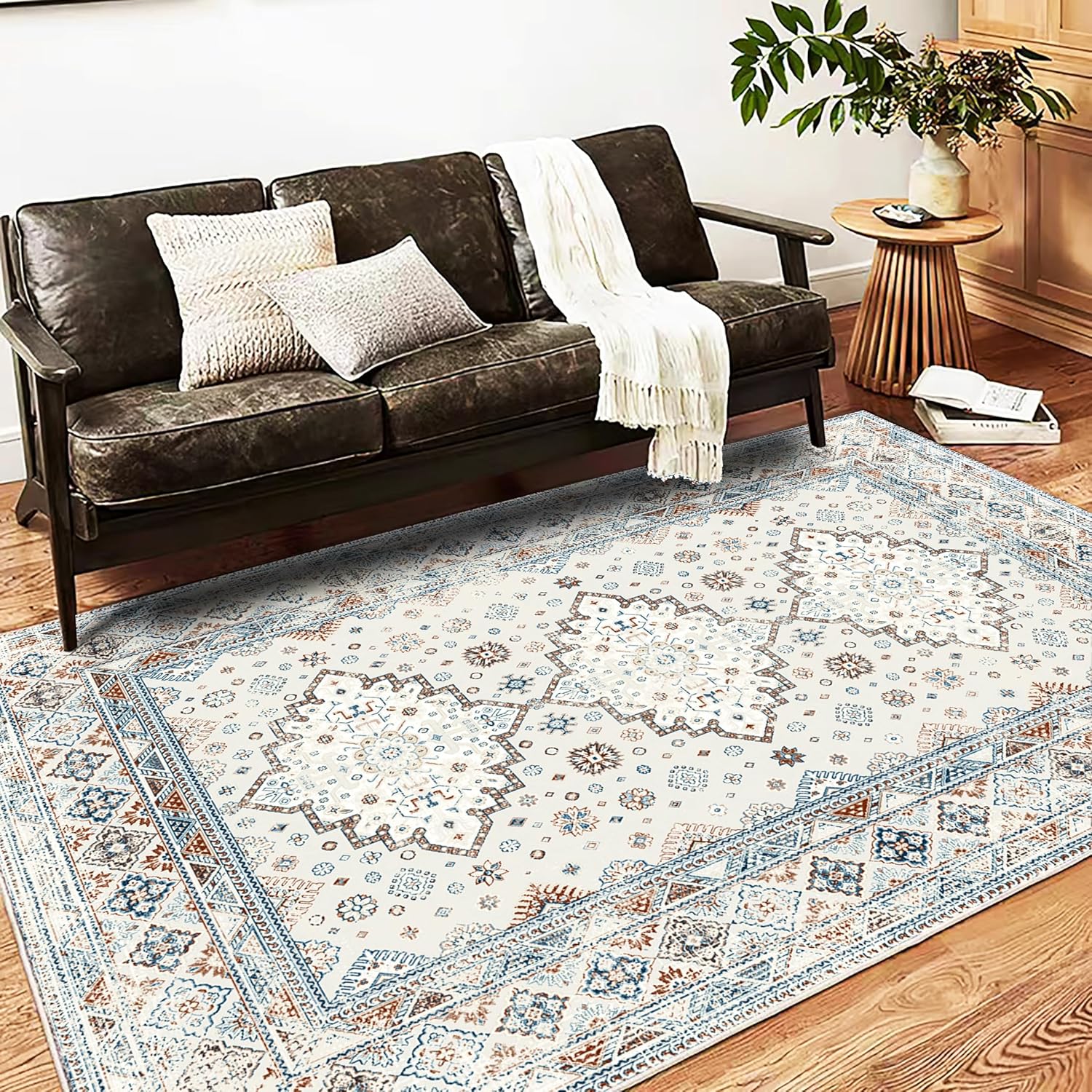 Washable Area Rug 5x7 Retro Boho Chic Medallion Design