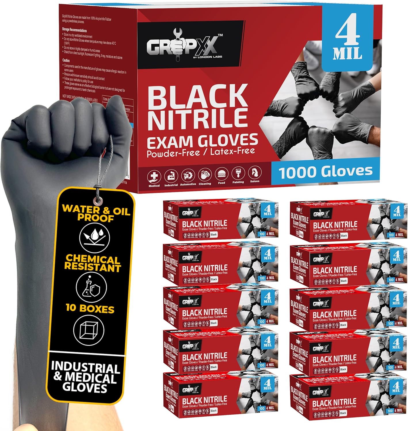 London Labs Black Nitrile Gloves: Latex-Free, Powder-Free, 4 Mil Thickness