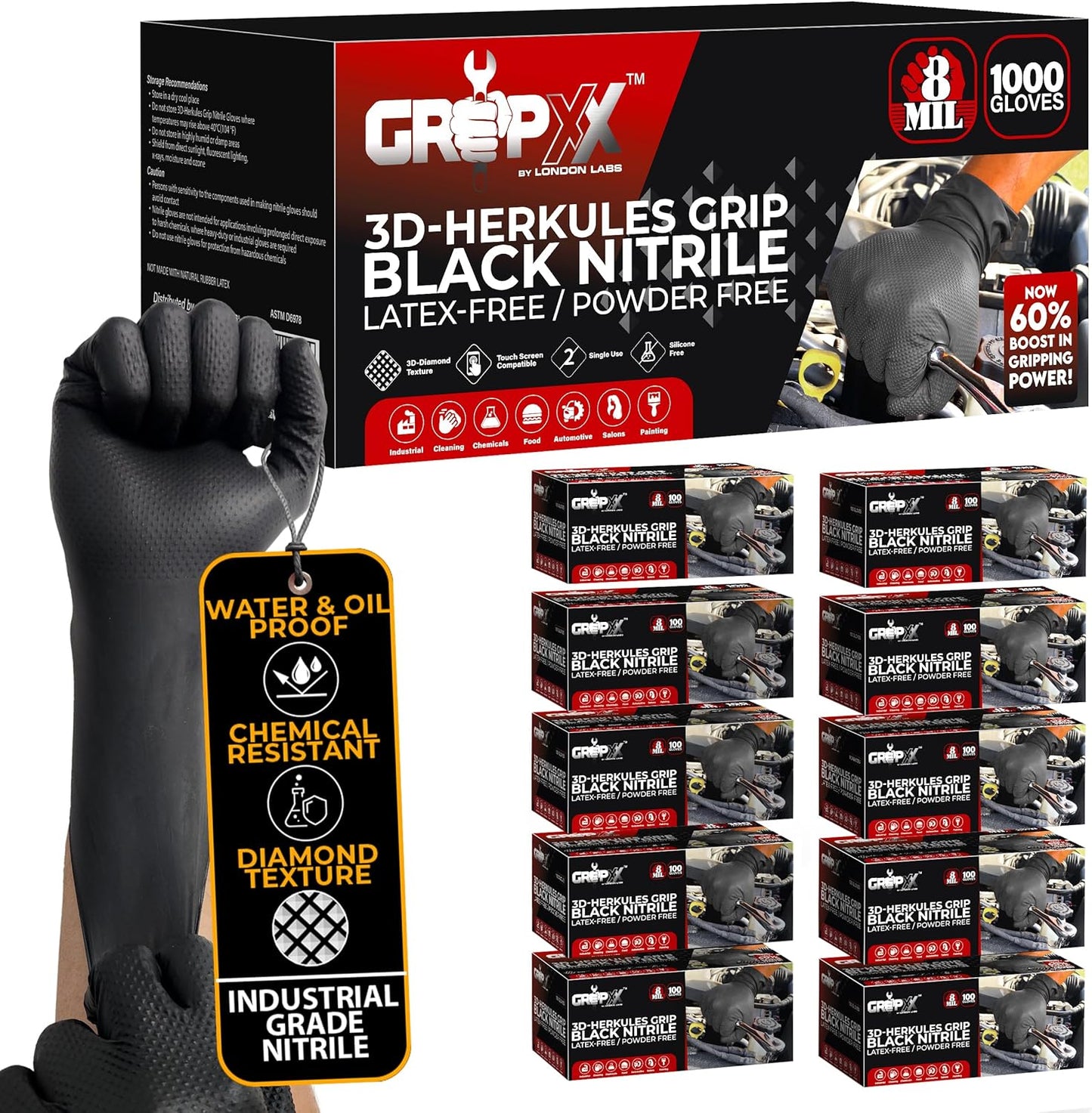 Herkules Grip Heavy Duty 8Mil Black Nitrile Gloves for Professionals
