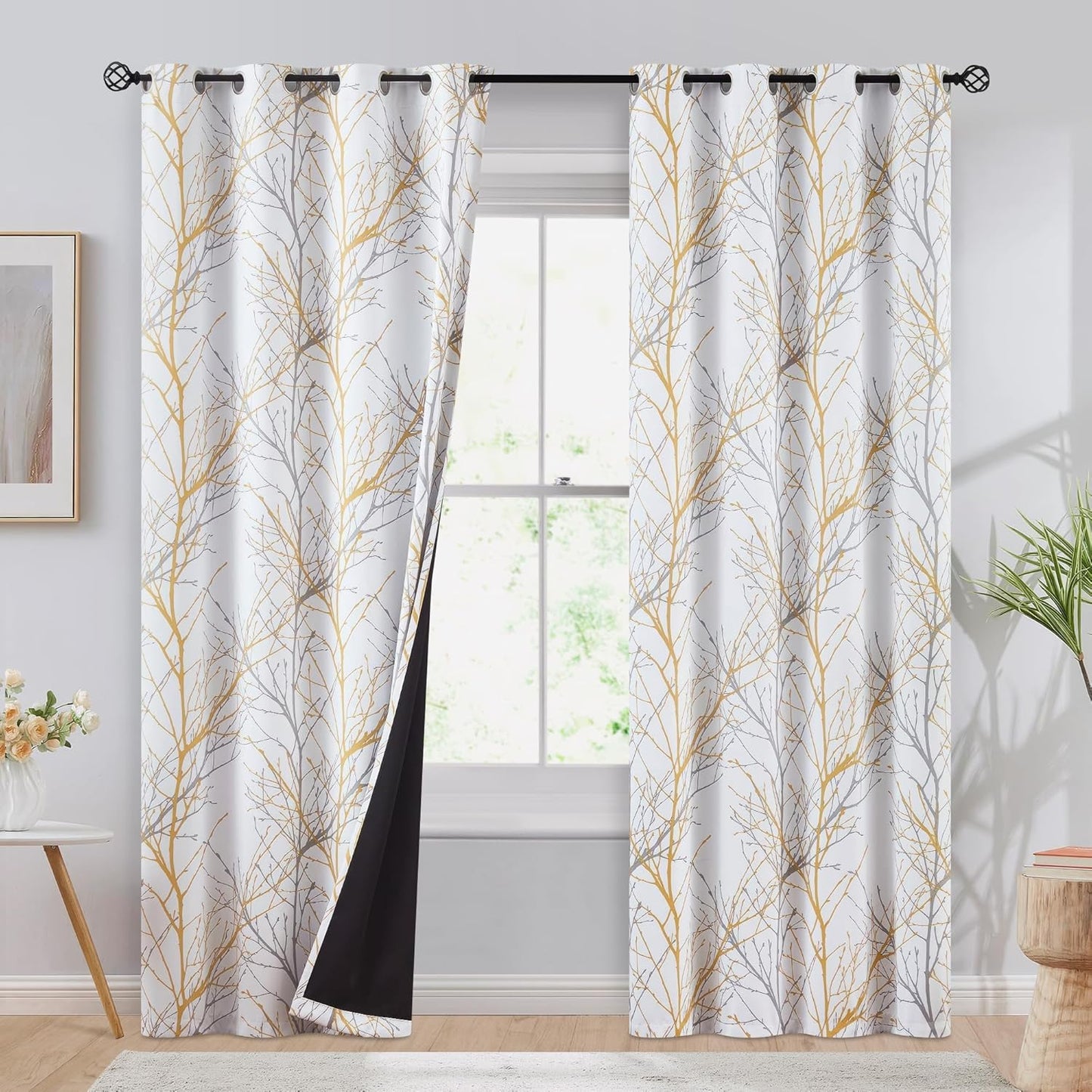 100% Blackout Yellow on White Tree Curtains for Bedroom