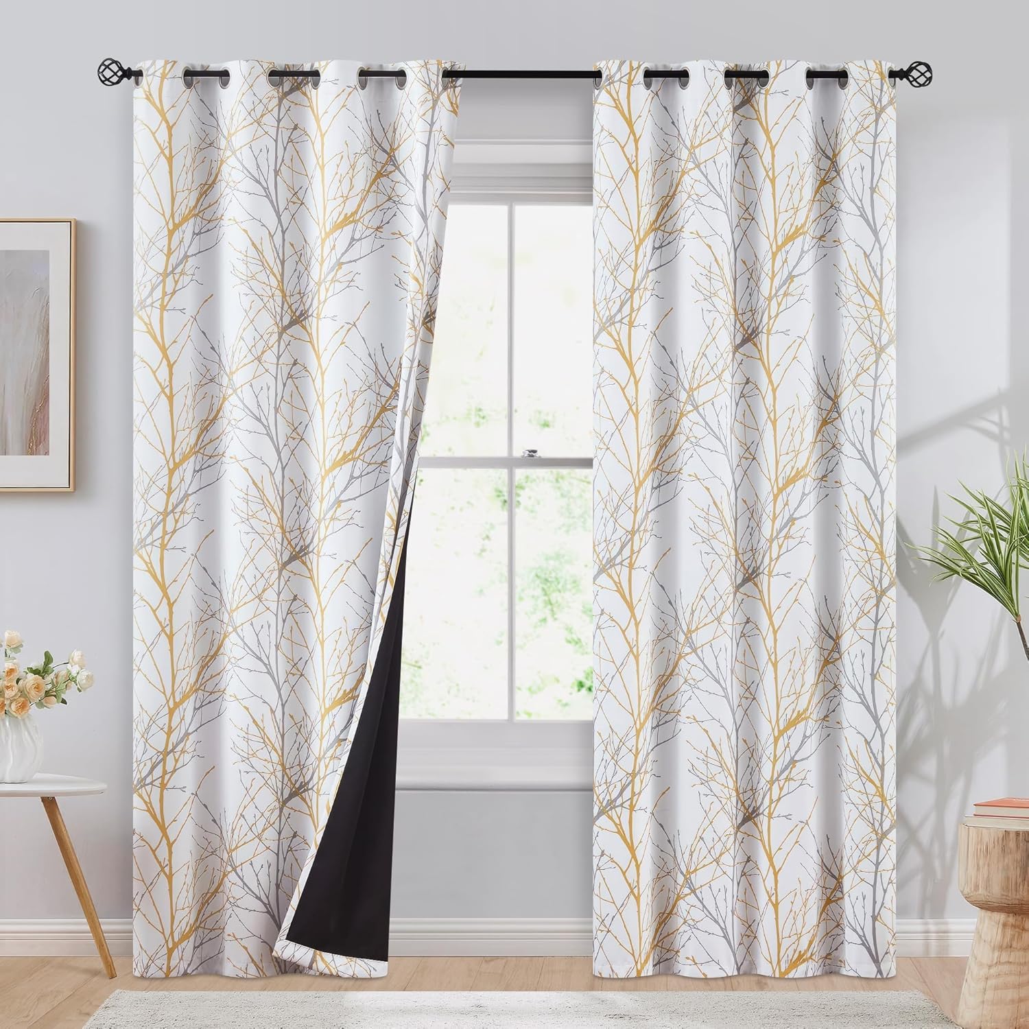 100% Blackout Yellow on White Tree Curtains for Bedroom