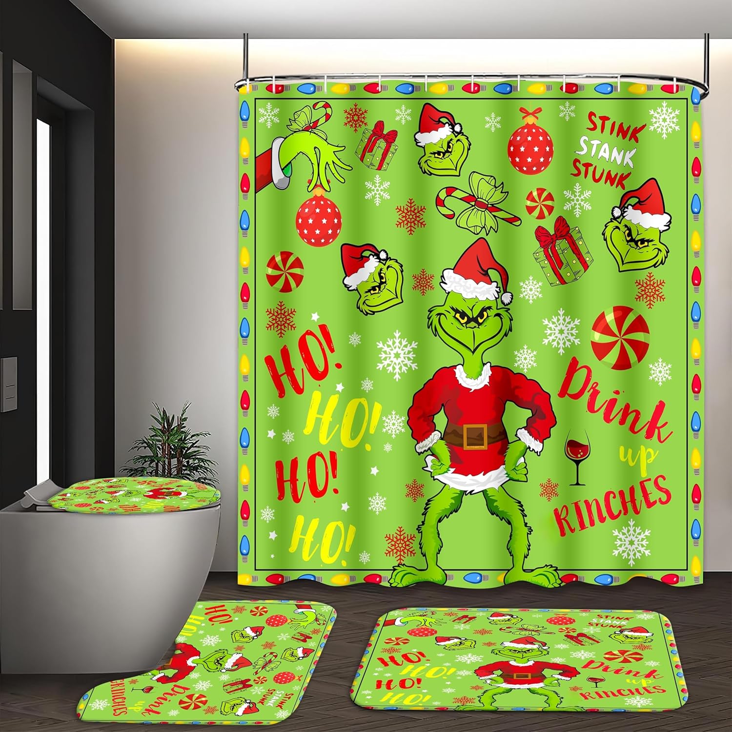 4 Pcs Christmas Bathroom Set with Grinch Shower Curtain Decor