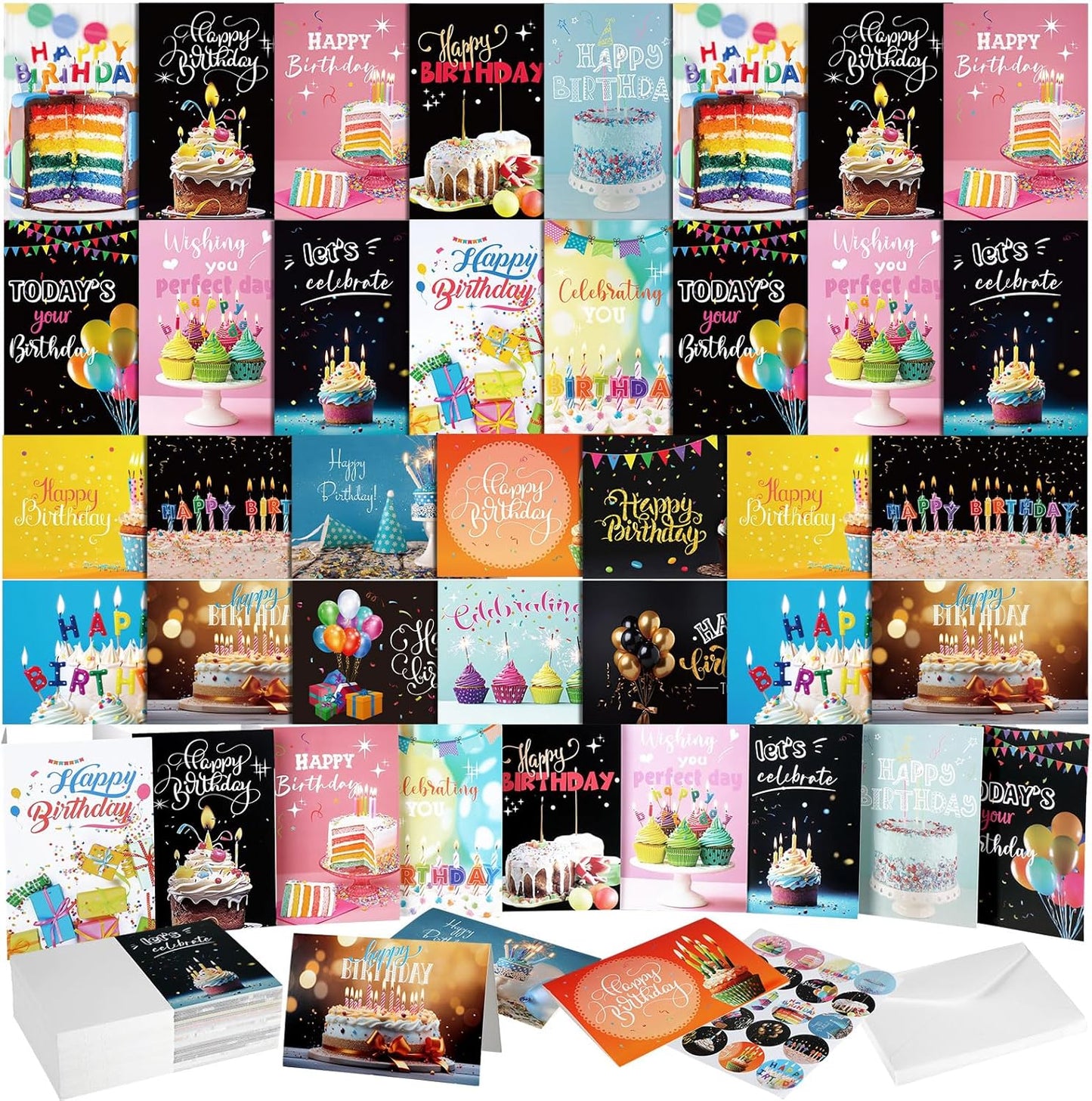 200 Pack Happy Birthday Cards Assorted with Envelopes & Stickers