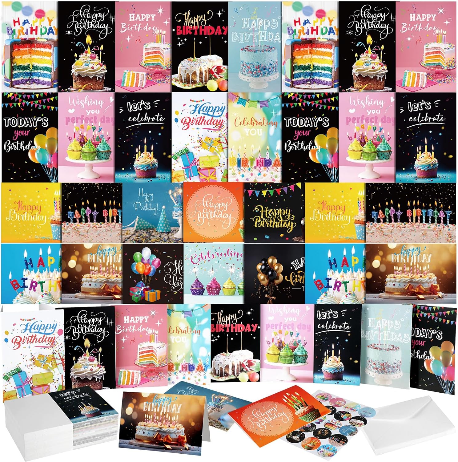 200 Pack Happy Birthday Cards Assorted with Envelopes & Stickers
