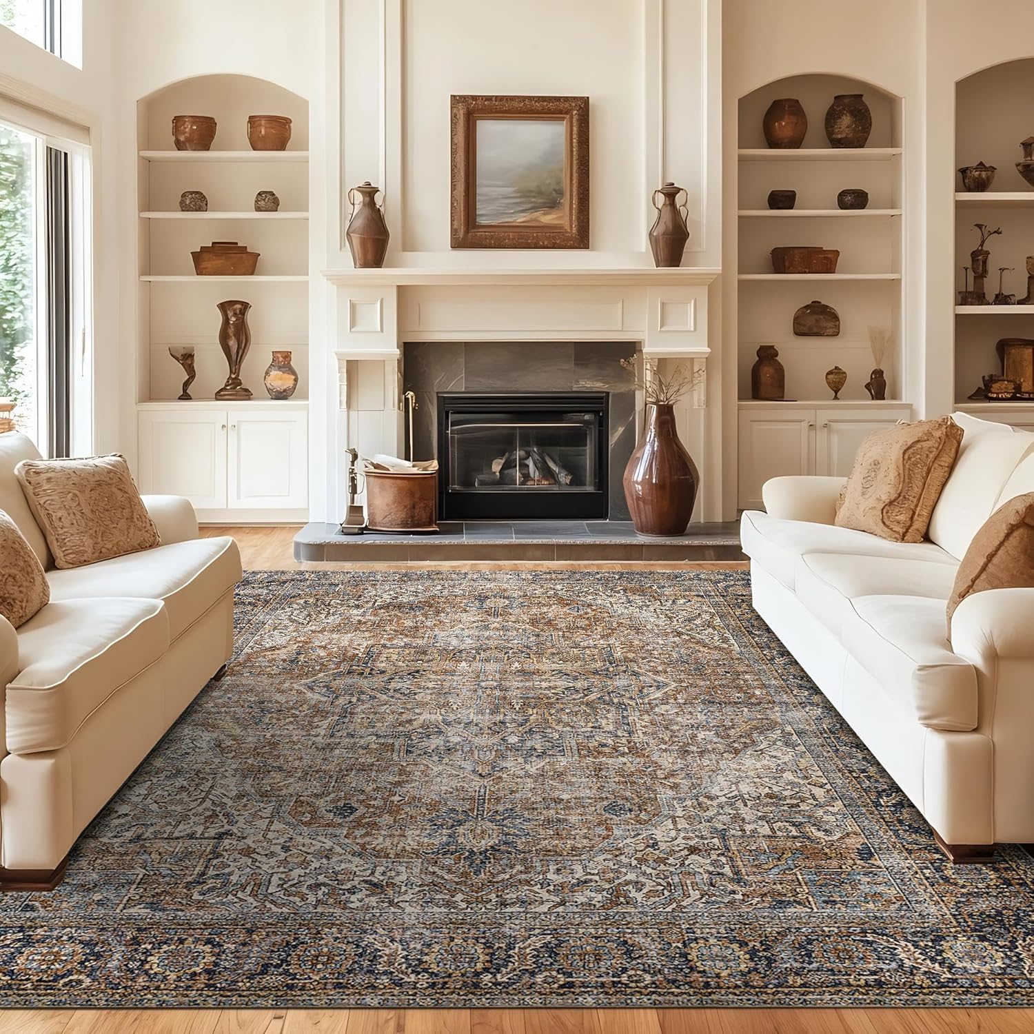 Brown Rug for Living Room 8x10 Washable Organic Rustic Area Rug