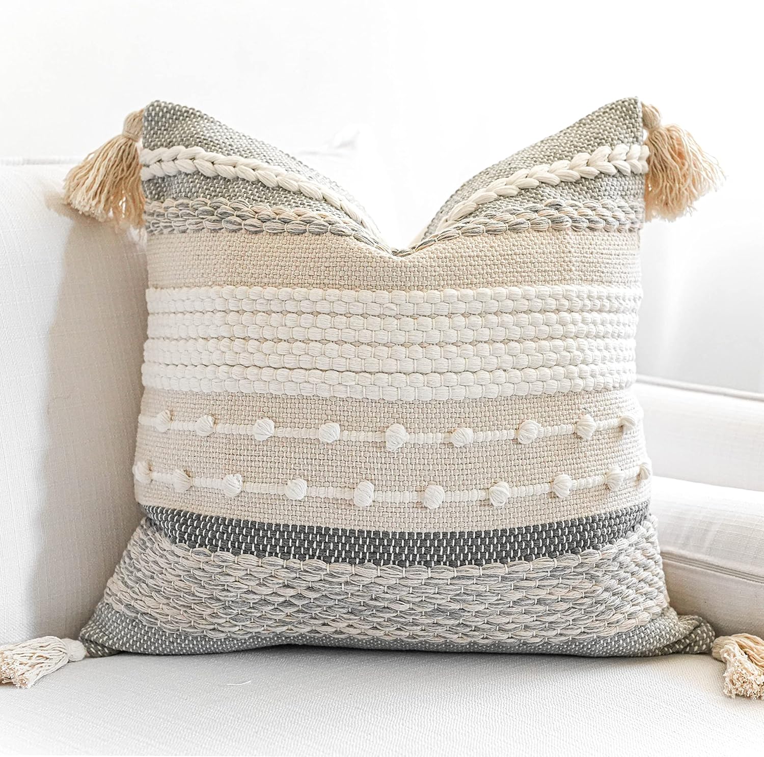 Gray Boho Throw Pillow Cover for Couch - Modern Farmhouse Style