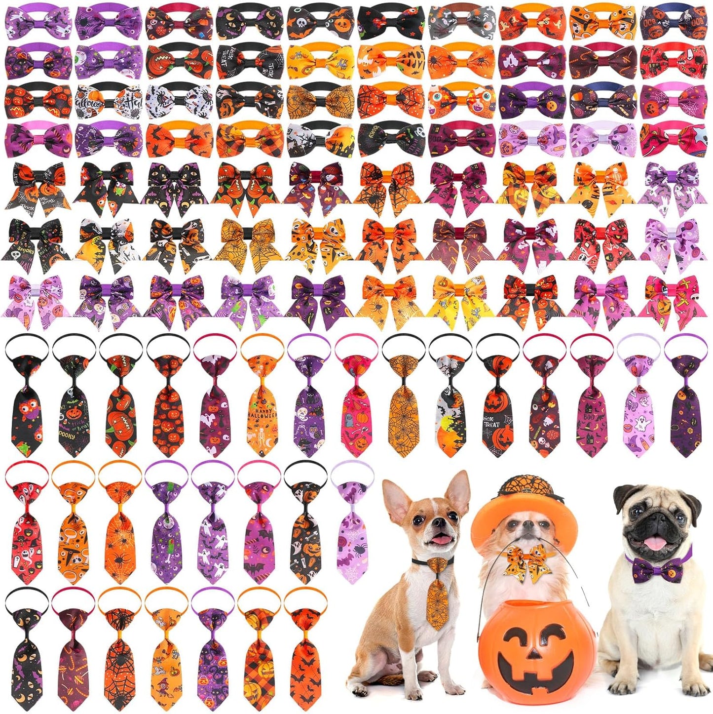 100 Pcs Halloween Dog Bow Ties and Collars for Pets