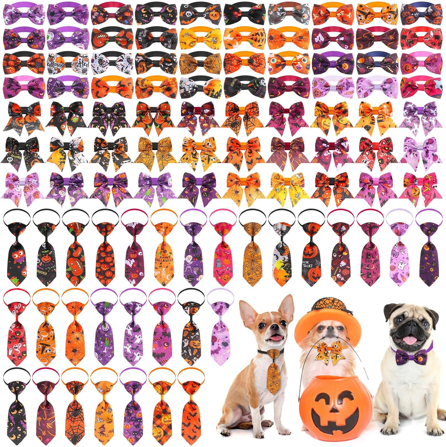 100 Pcs Halloween Dog Bow Ties and Collars for Pets