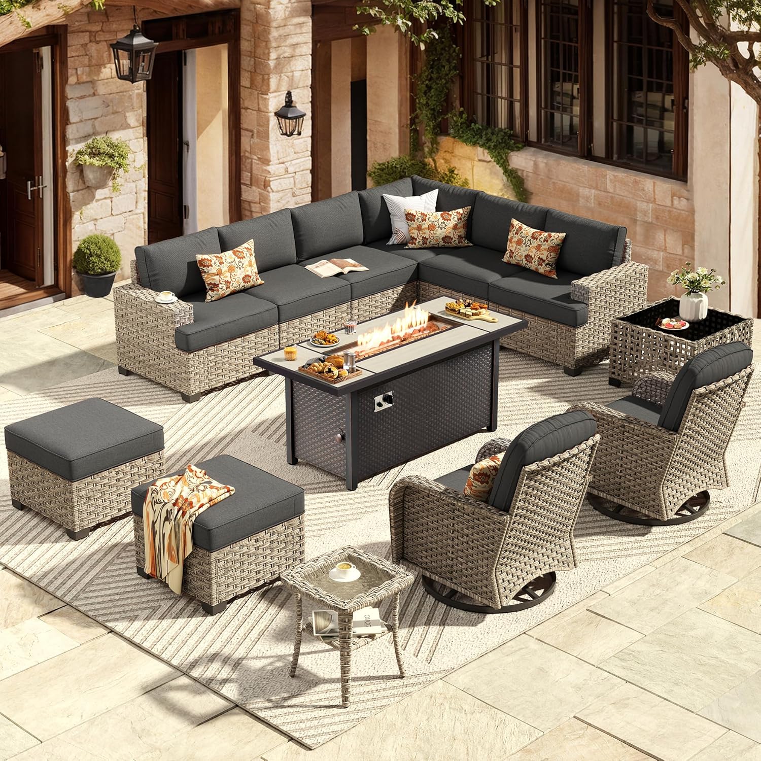 HOOOWOOO Outdoor Sectional Patio Furniture Set with Fire Pit