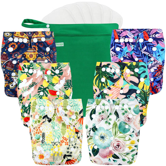 Wegreeco Cloth Diapers 6 Pack with Inserts & Wet Bag for Babies