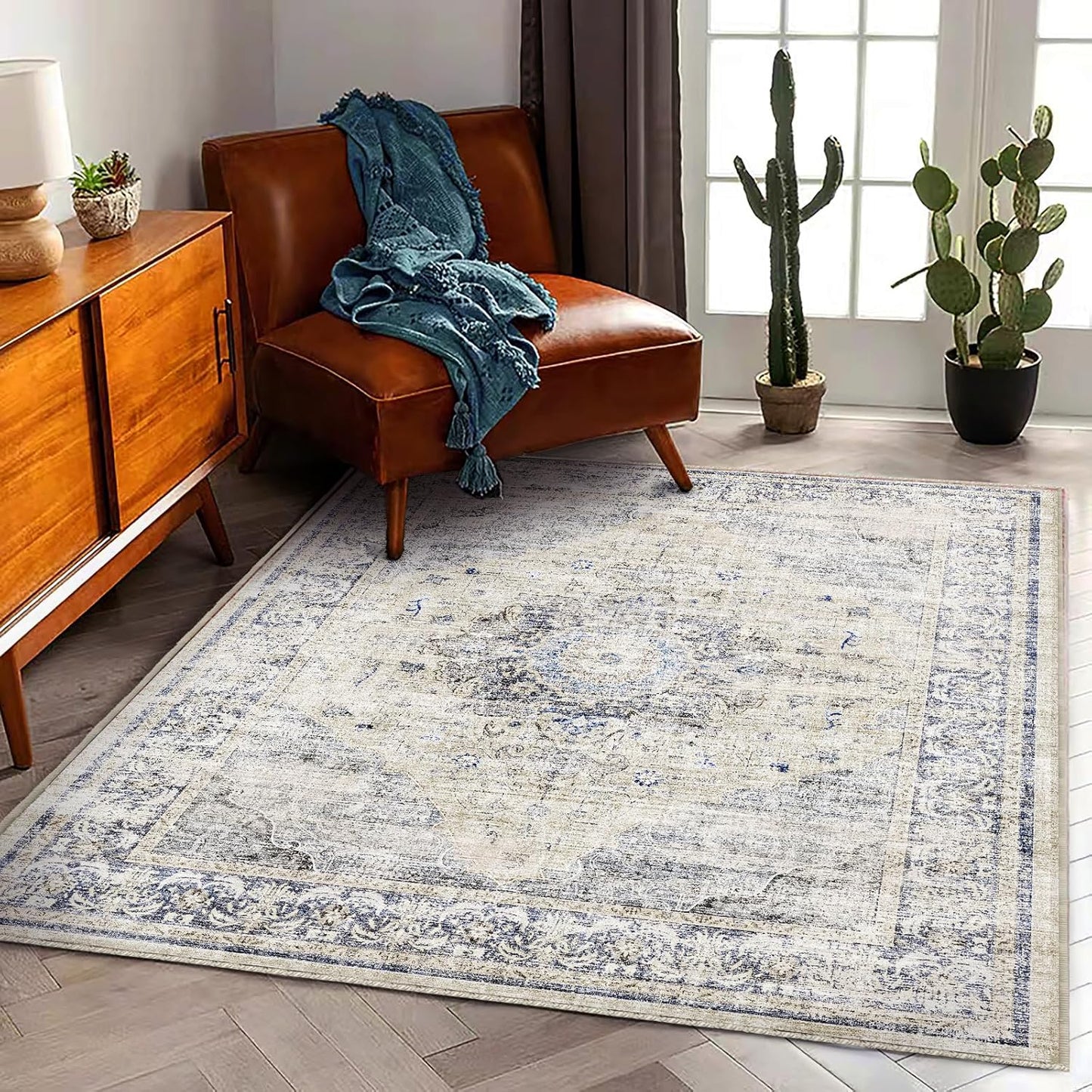 Washable Area Rug 4ftx6ft Floral Blue Traditional Floor Cover