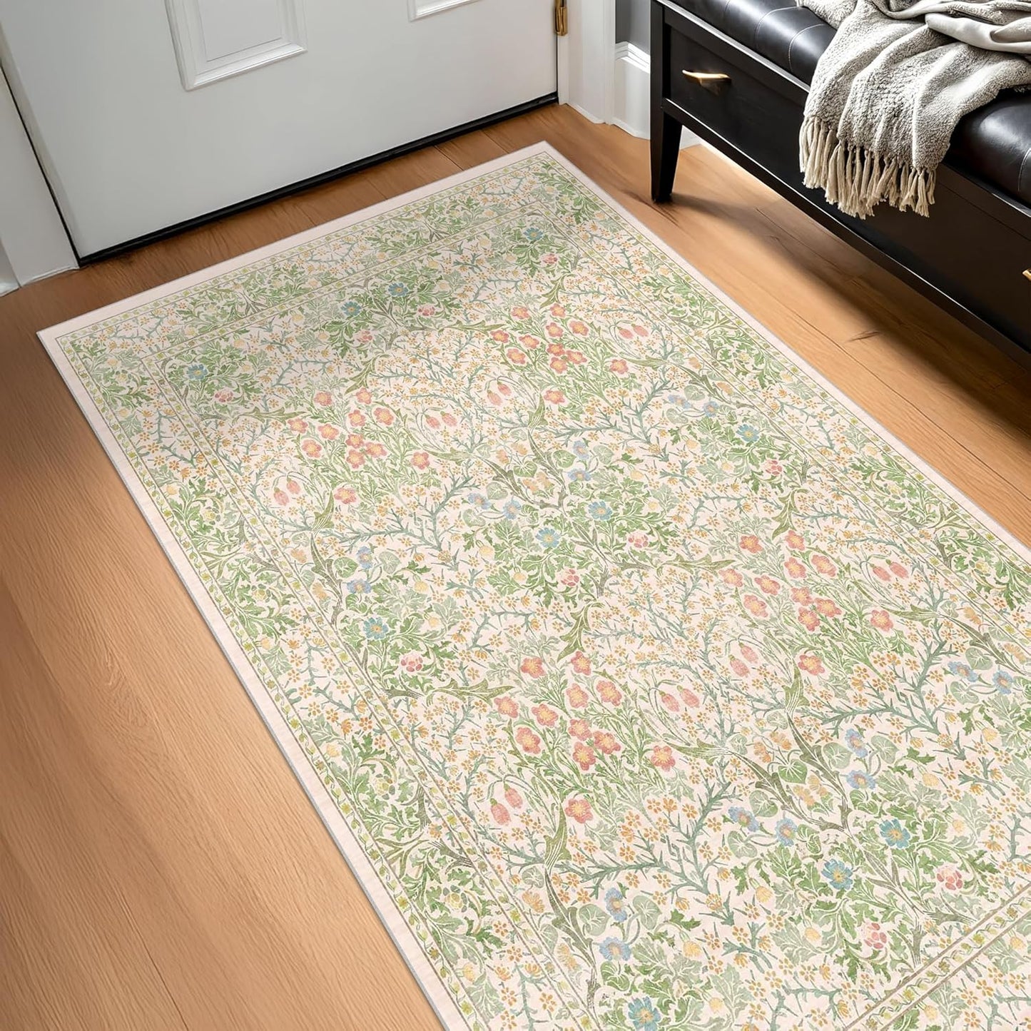 Washable Neutral Floral Living Room Rug for Vintage Elegance