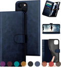 Genuine Leather Wallet Case for iPhone 15 6.1 in Dark Blue - RFID Safe