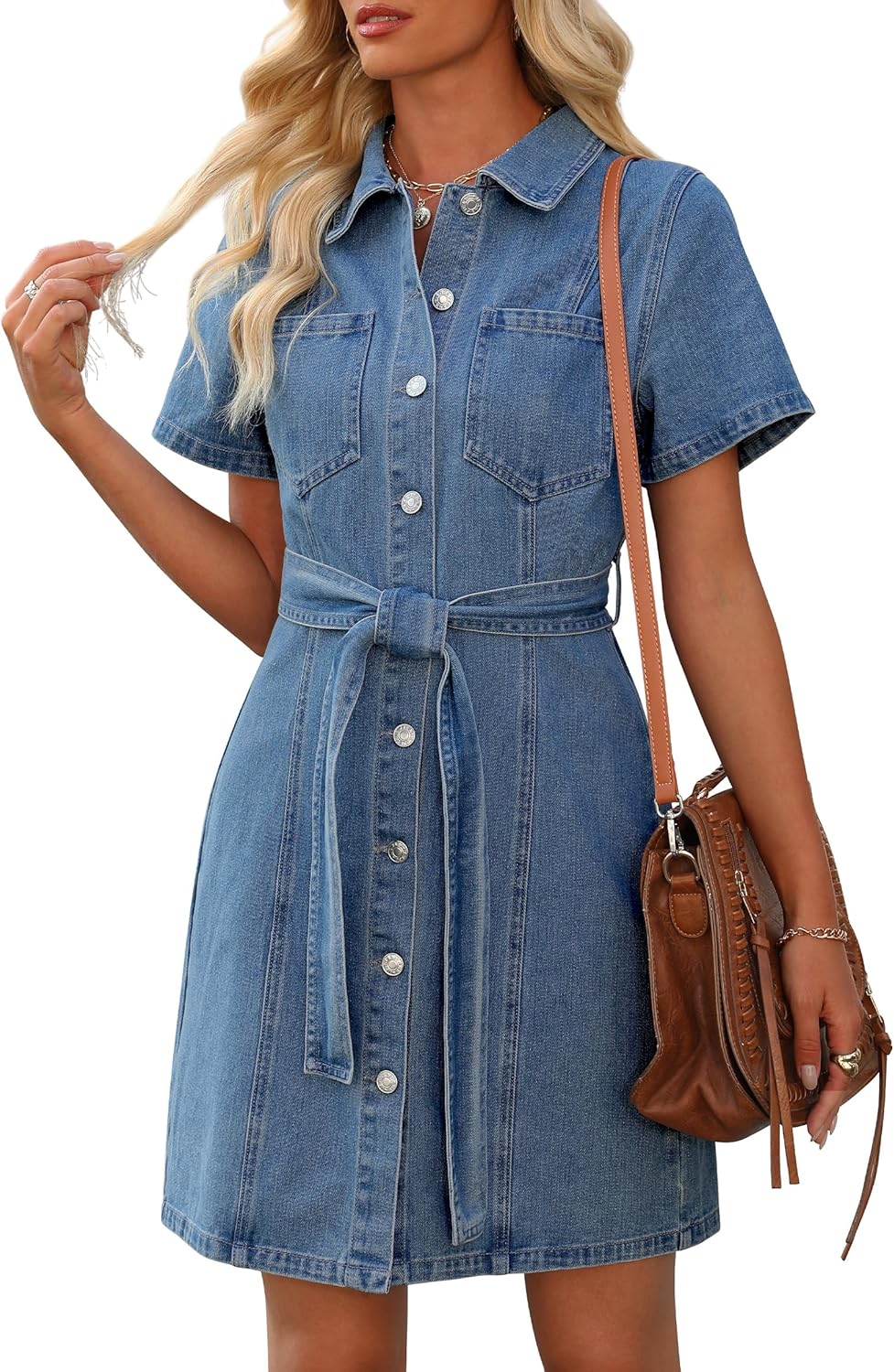 Women's Denim Dress Summer Short Sleeve Button Down Style