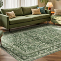 Vintage Green Area Rug 10x14 - Soft Low-Pile Retro Washable Rug
