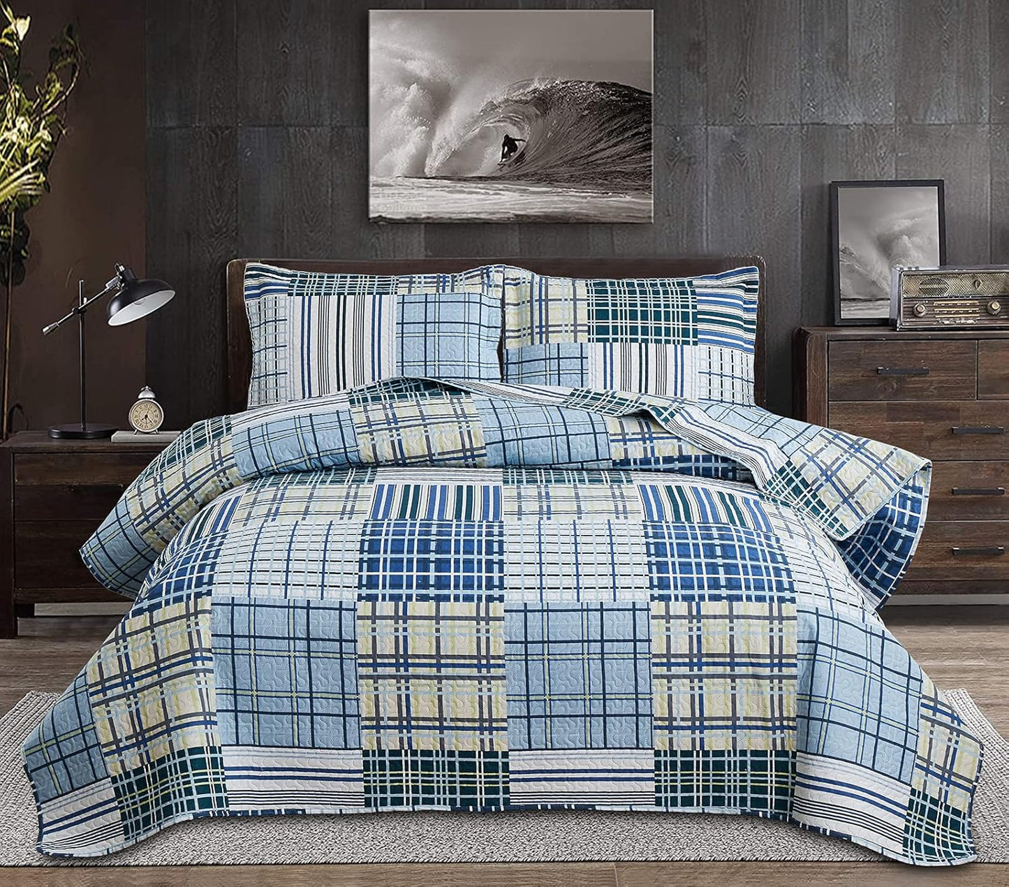 Morden Quilt Bedspread Queen Size Set - Plaid Patchwork Bedding