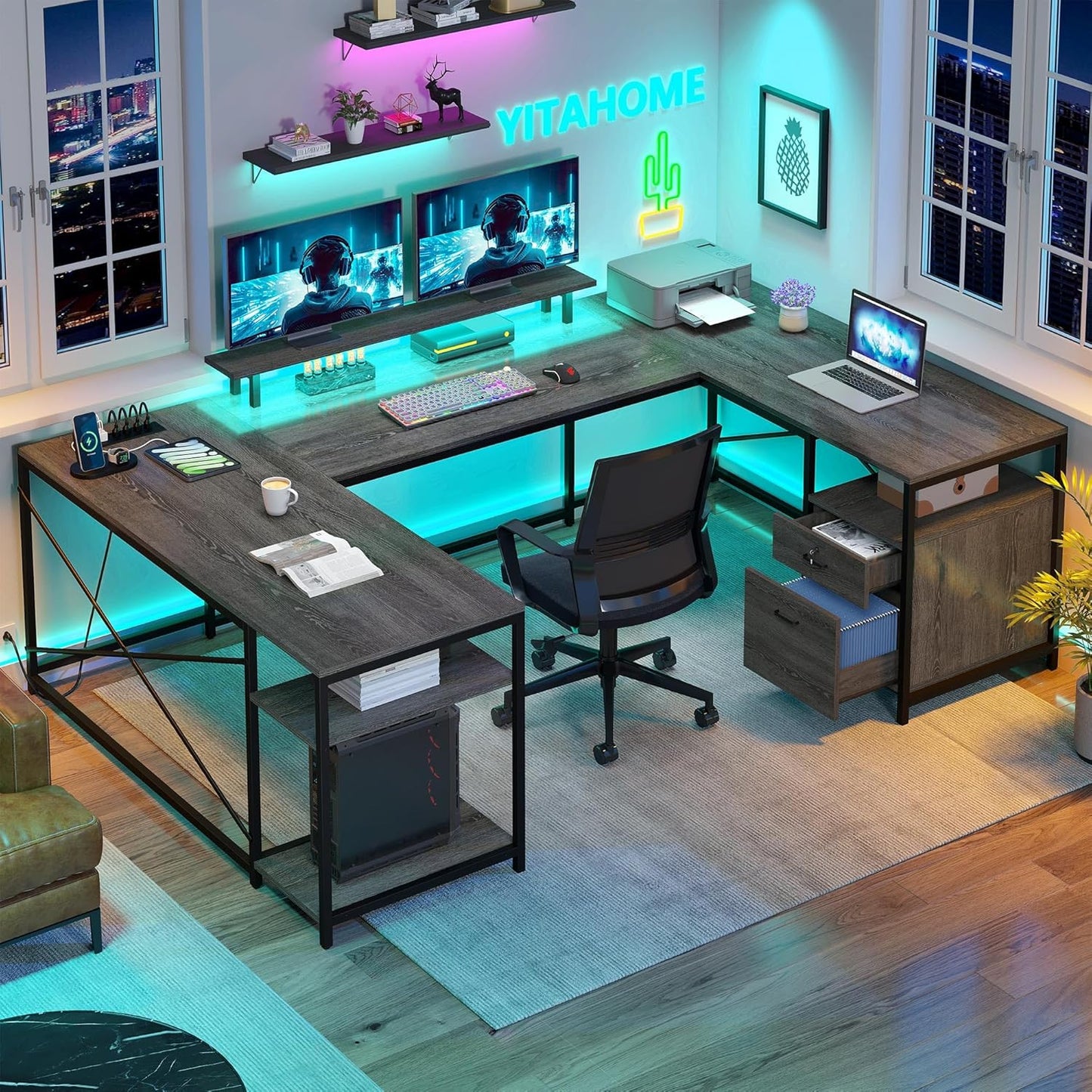 YITAHOME 79 L-Shaped Desk with Power Outlets & LED Lights