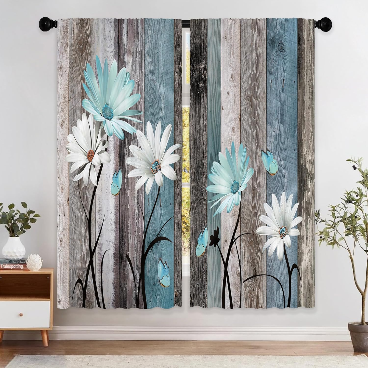 Teal Farmhouse Daisy Curtains for Rustic Home Decor Needs