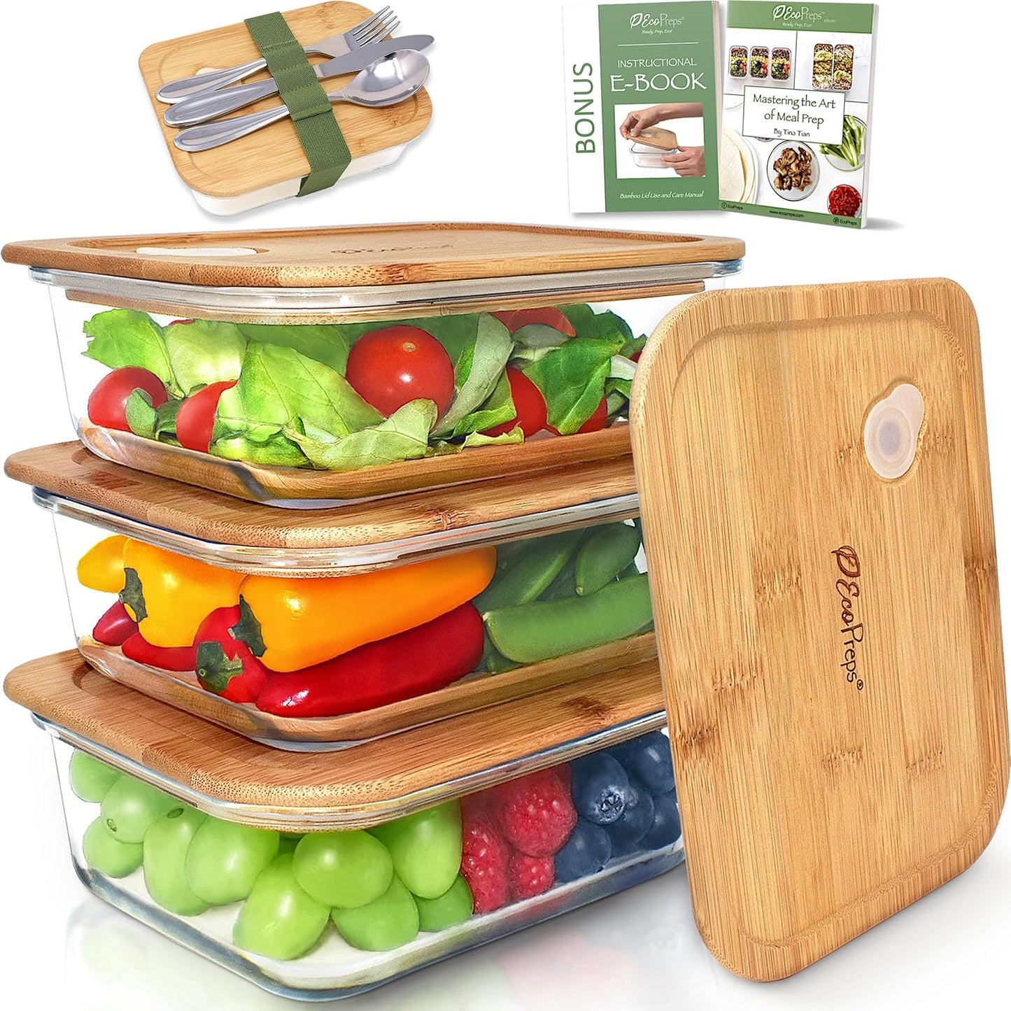 Glass Meal Prep Containers with Bamboo Lids - Eco-Friendly Set