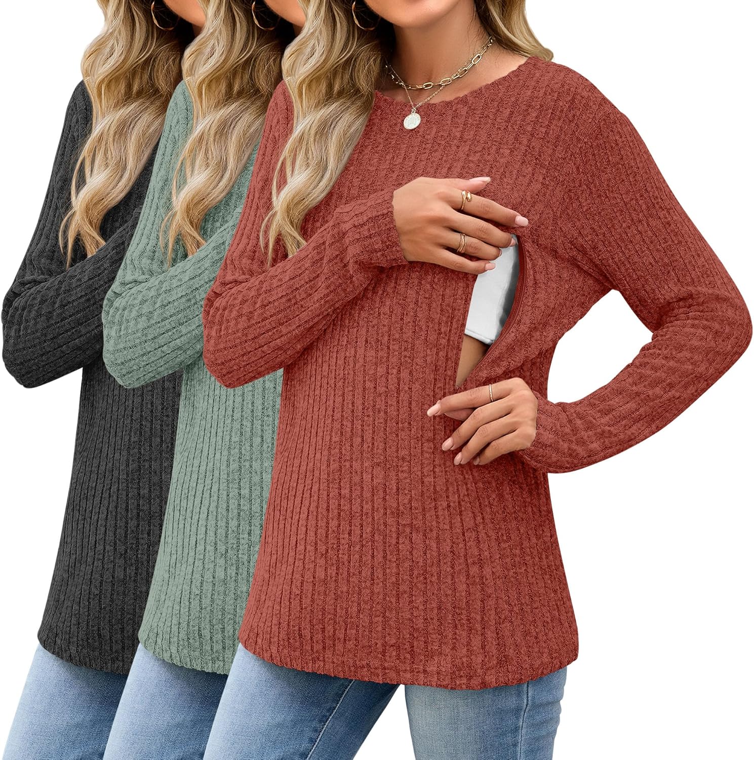 3 Pack Women's Nursing Long Sleeve Tops for Breastfeeding Comfort
