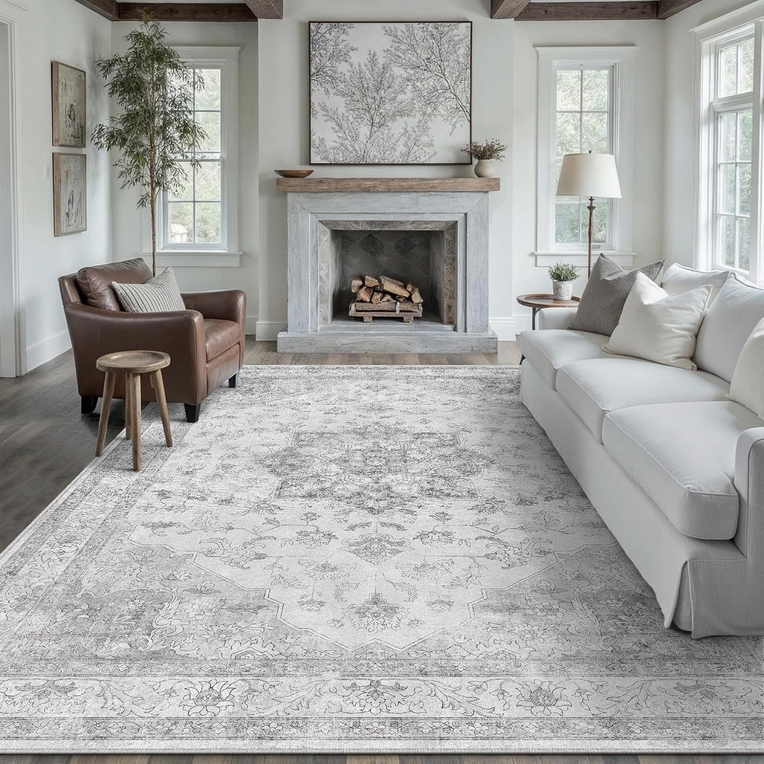 Gray Area Rug 9x12 Washable Vintage Non Slip Soft Carpet