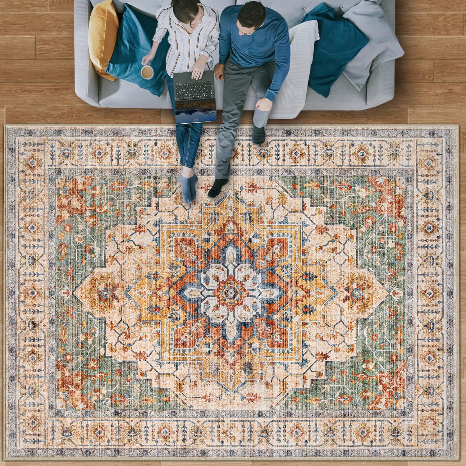 Vintage Area Rug 8x10: Washable Medallion Carpet for Home