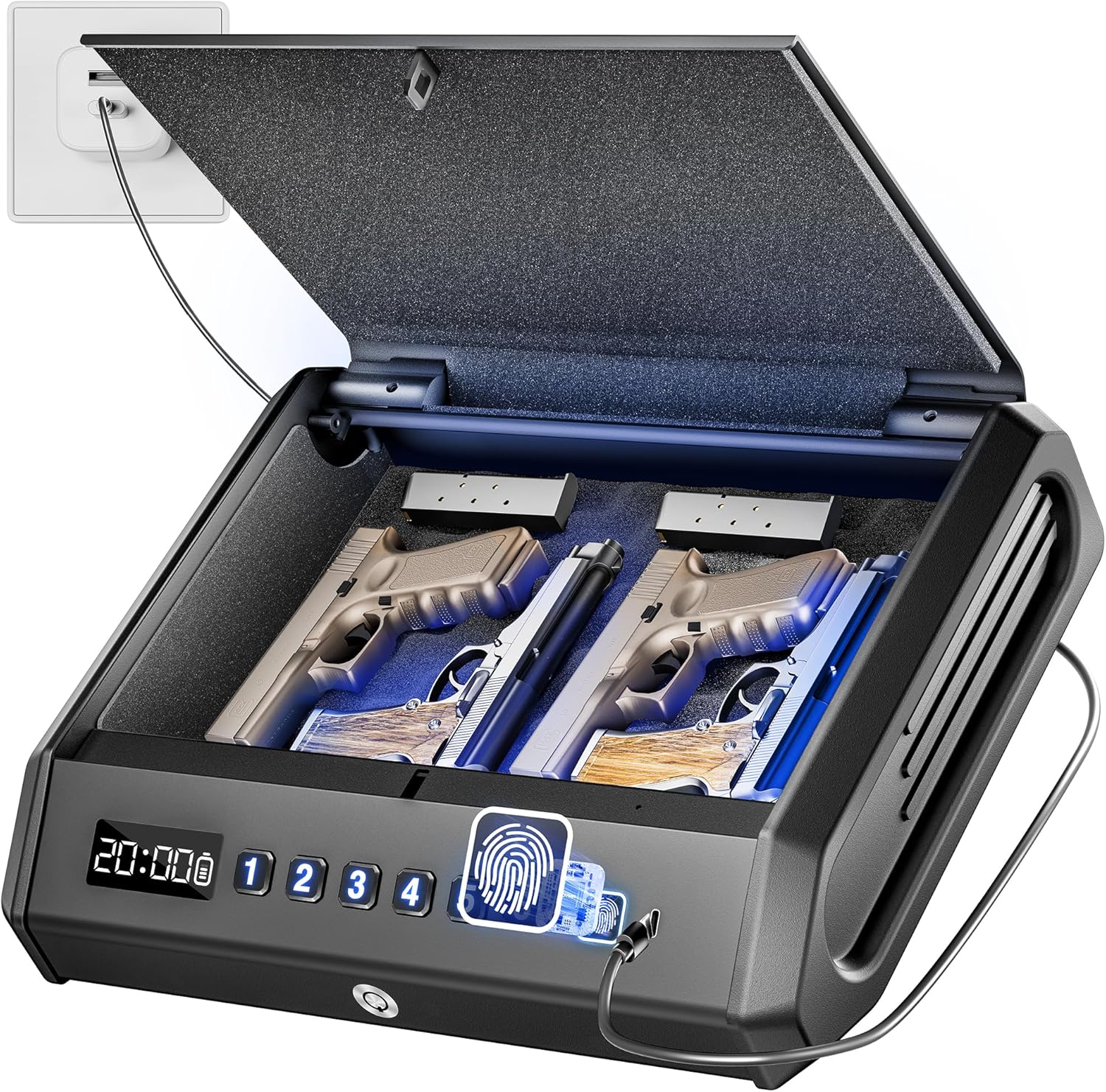 Large Biometric Gun Safe for 4 Pistols with Silent Mode