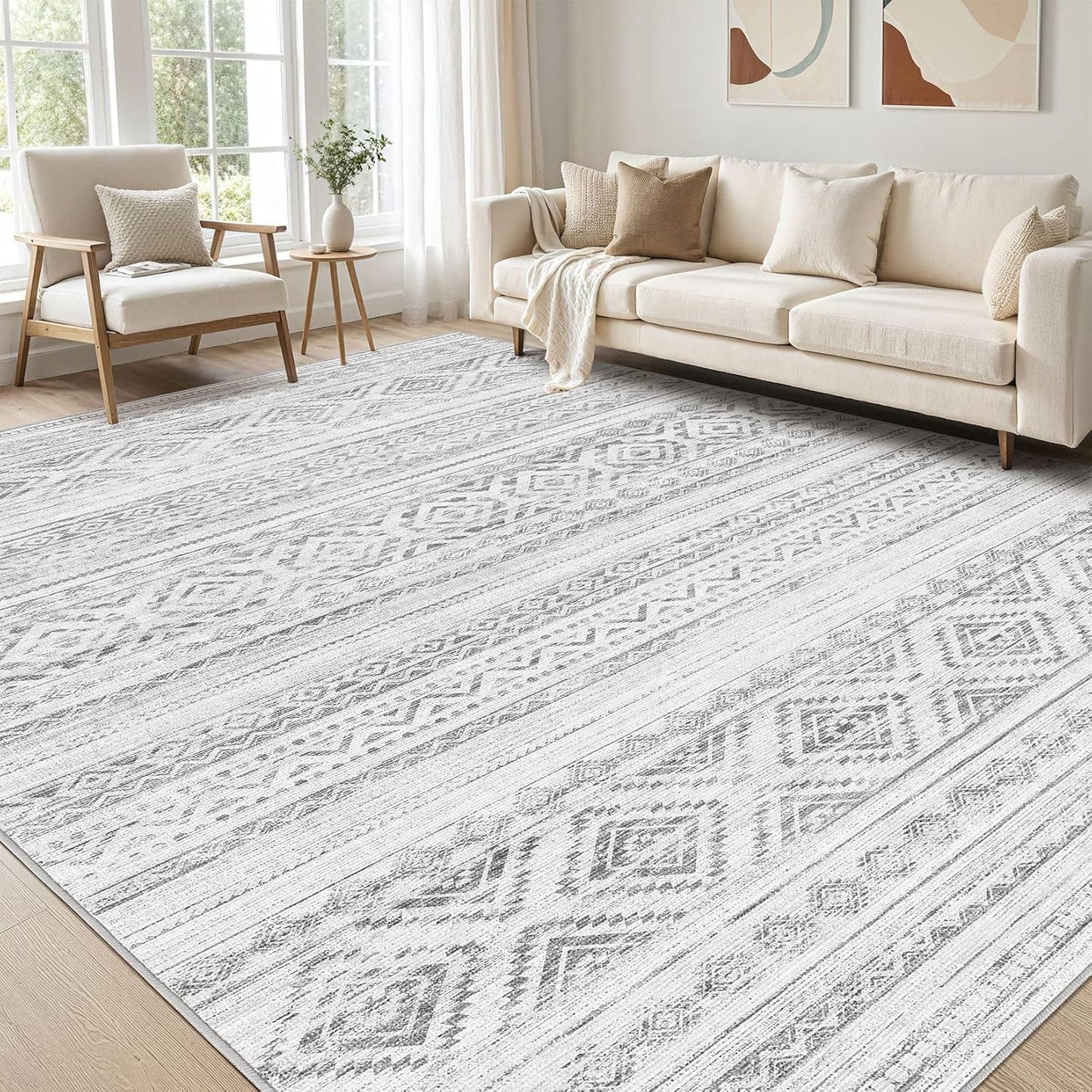 Large Living Room Area Rug 9x12: Soft Boho Moroccan Design