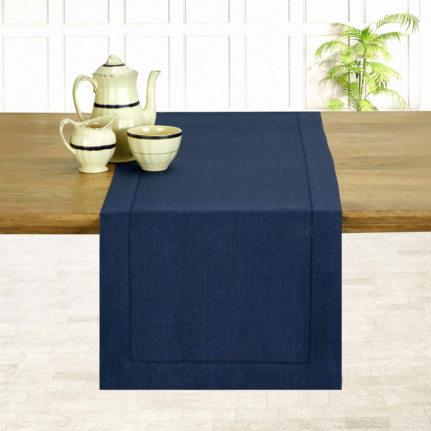 Navy Blue Linen Table Runner 14 x 72 Inch - Classic Hemstitch